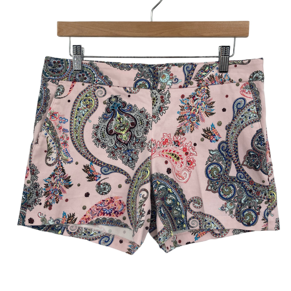 Express Chino Shorts Womens Size 6 Pink Multi Paisley Print Cotton Side Zipper